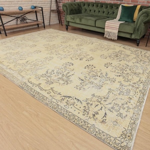 7x10 rug for living room, beige Turkish rug, bedroom rug,  area rug, woven rug, 7&#39;1&quot; X 10&#39;5&quot; retro rug, D57N3471