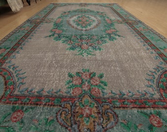 5x8 hand woven rug, Floral Green Grey Area Rug, Living Room  Rug,5'2" X 8'5" bedroom rug D72N5397