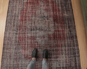 distressed retro 6x8 rug, woven rug, 5'10" X 8'5", bedroom faded rug, D64N5493