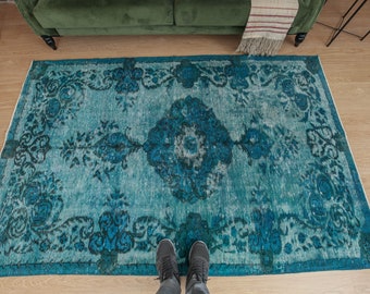 5x8 Blue Area Rug,  hand knotted blue rug, 5'2" X 8'   Blue  rug,  Bedroom  Blue  rug , Living Room Rug D9N2297