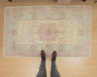 5x8 home decor rug, wool rug, beige green rug, 4'10" X 8'4"  hand knotted rug D52N3478