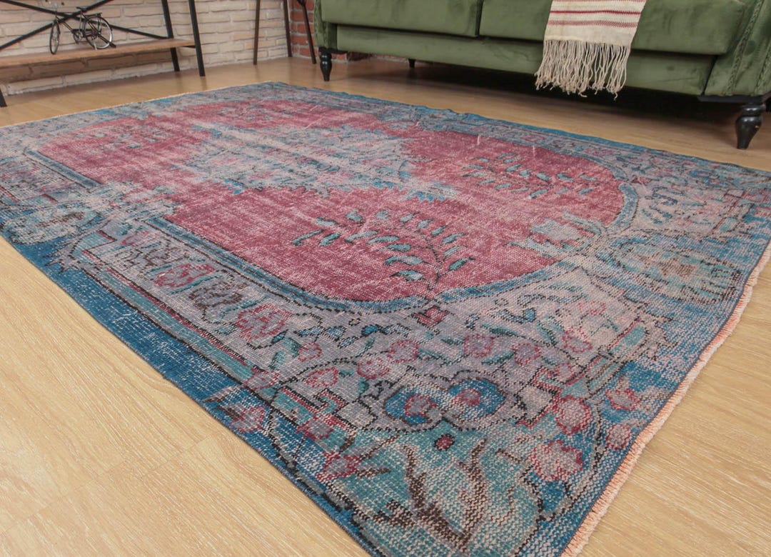 6x8 Oriental Red Blue Dining Room Rug, Faded Living Room Rug , 5'8