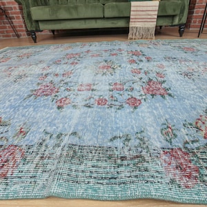 6x9 Floral Area Rug, blue retro rug, 6&#39;1&quot; X 9&#39;  Handmade Dining Room  rug D39N3397
