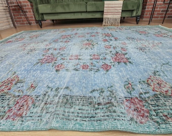 6x9 Floral Area Rug, blue retro rug, 6'1" X 9'  Handmade Dining Room  rug D39N3397