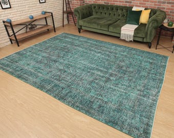 faded  teal blue vintage area rug, 6'7" X 9'11" Turkish bed plan carpet , D80N7165