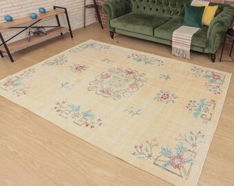 Pastel Abstract Floral Area Rug, 6' X 9'2" beige dining room carpet  D33N3043