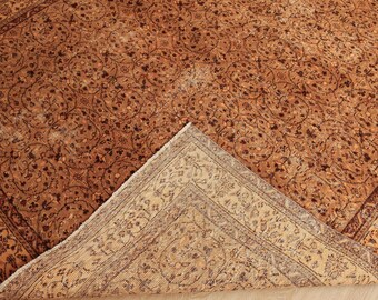 Distressed Brown Vintage Area Rug , 6'9" X 9'8" retro dining room carpet , D148N9330
