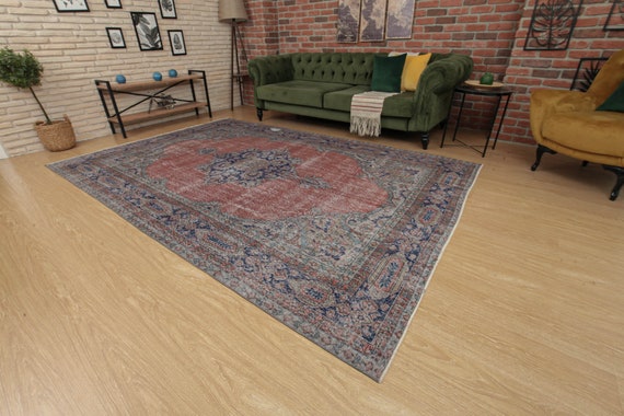 handmade Turkish Distressed Red  Area rug , 6'11" X 10'6"  Vintage bed plan carpet  D60N5310