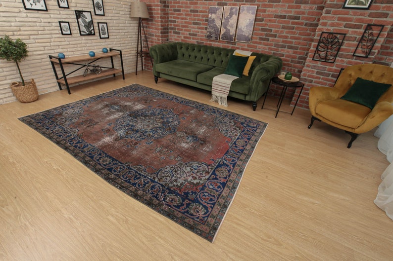 7x9 70's vintage rug, handmade rug, bedroom rug, 6'7 X 9'2 retro red rug, D64N4872 image 6