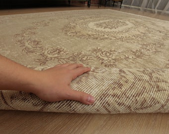 7x9 retro rug, bedroom rug, floral beige rug, 6'9" X 9'5" Turkish living room rug, D66N5275