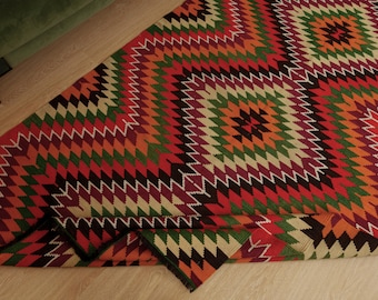 5x10 rainbow handmade kilim, wool bed plan rug,  Turkish Rug ,5&#39;4&quot; X 10&#39;1&quot; living room rug,  D128N88721