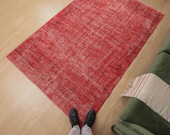 5x8 Distressed  Red  Rug, Dining Room Rug, Red Kitchen Rug, 5'3" X 8'4"  Red Living Room rug D33N63