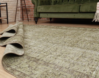 distressed green brown bedroom rug, 6'3" X 10'10"  Wool dining room  carpet  D136N9234