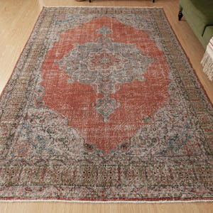 7x10 red dining room rug, retro rug for living room , 6&#39;9&quot; X 10&#39;4&quot;  oriental Turkish  rug, D141N9457