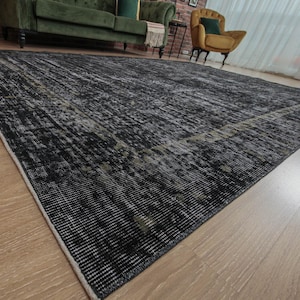 7x11 Distressed Black Rug, black  Kitchen rug,6&#39;7&quot; X 10&#39;6&quot;   Turkish  Area  rug ,Vintage Handmade black Rug D22N2570