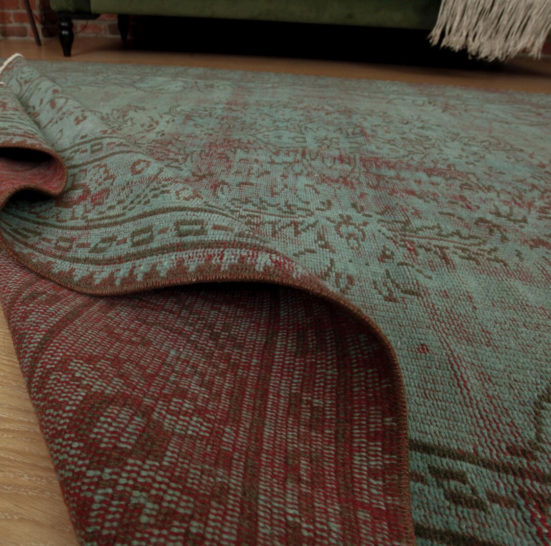 Boho Bed Plan Rug, Faded Green Red Rug, Retro Area Rug, 5'6