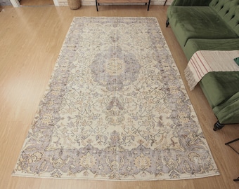 Retro Turkish handmade area rug, 6'2" X 9'8" beige purple bedroom carpet , D57N4074