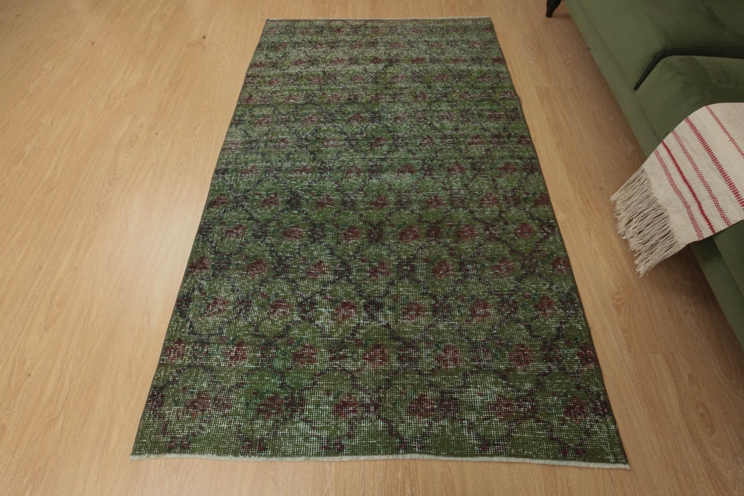 4x7 Distressed Kitchen Rug, Green Boho Rug ,retro Rug, 4'1 X 6'9