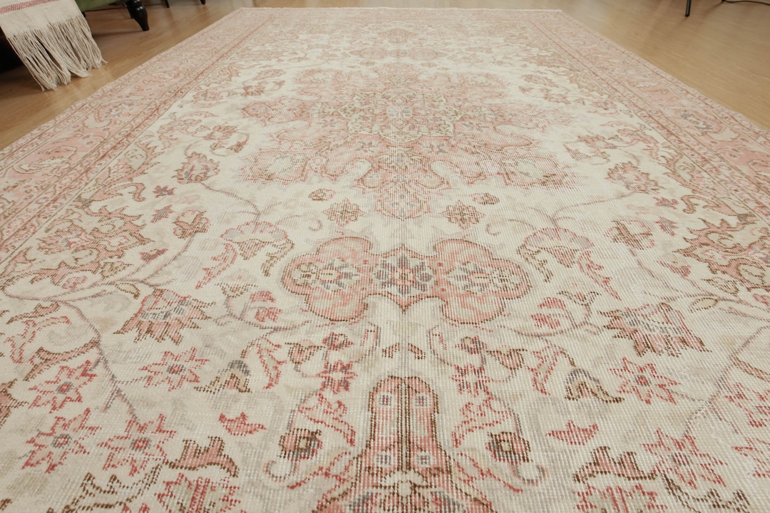 6x10 Vintage Living Room Rug, Hand Knotted Rug, 6'5 X 10'2 Beige Red