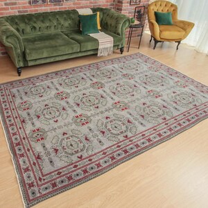 6x10 antique geometric bedroom rug  ,Turkish rug, abstract rug, 6&#39;3&quot; X 9&#39;10&quot; Gray Red  Rug D66N5307