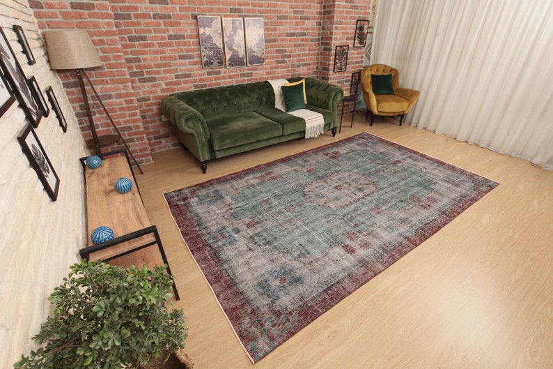 6x11 Turkish Area Rug, Retro Bedroom Rug, 6'2 X 10'6 Bed Plan Rug