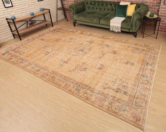 pastel orange hand woven area rug, 6'8" X 11'2"  vintage bedroom carpet , D107N7302