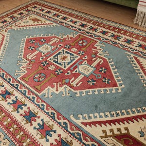 6x9 geometric beige blue red rug, Turkish Area Rug, 5&#39;9&quot; X 9&#39;1&quot; Wool  Bedroom Rug D145N9282