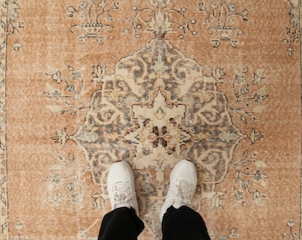 handmade muted orange  dining room rug, 5'8" X 9'11"Turkish bedroom carpet , D93N7655