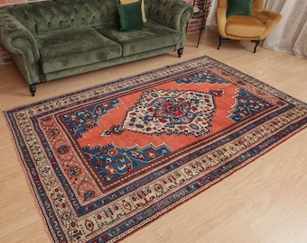 vintage pastel red orange blue bedroom rug, 5'4" X 9'4" retro handmade dining room carpet , D63N5515