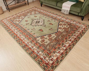 wool pastel green area rug, 6'8" X 9'2"  woven living room carpet , D135N9215