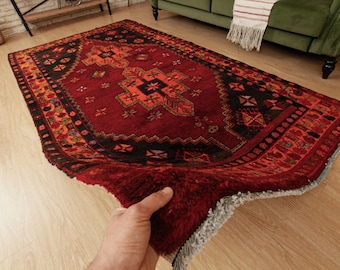 5x9 bohemian red black dining room  rug, geometric wool rug, 5&#39;3&quot; X 9&#39;2&quot; woven rug, D140N8760