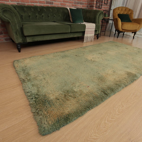 4x8 long pile area rug, green rug, Tulu Turkish rug, 4' X 8'1" shaggy rug, D74N6760