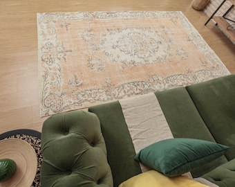 Turkish Pastel Orange Beige  Area Rug , 5'8' X 9'2" Vintage Distressed bedroom carpet  D34N2874