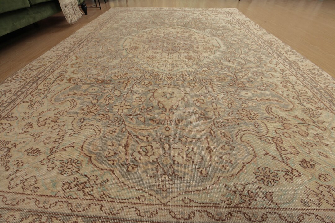 7x10 Distressed Beige Grey Kitchen Rug, Oushak Retro Rug, Turkish Area