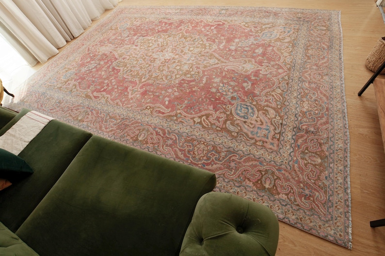 10x13 Home Decor Rug, Pastel Red Beige Brown Bedroom Rug, 10'2 X 13'5