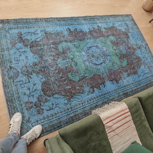 6x8 blue brown 70&#39;s rug, bedroom vintage rug, 5&#39;6&quot; X 8&#39;1&quot;, kitchen rug, D60N4682