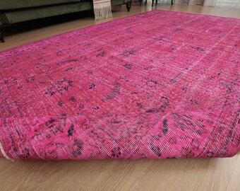 7x10 distressed pink Oushak rug, woven rug,  rug for living room, 6'8" X 10'1" retro rug, D89N7847