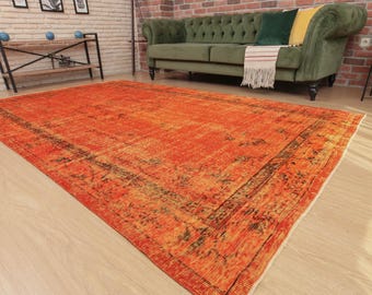 Turkish orange  handmade rug, 6'3" X 10' boho living room carpet , D77N6184