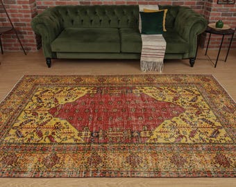5x8 rustic bedroom rug, kitchen rug ,red yellow retro rug, 4'9" X 8'4" dining room rug  D63N5370