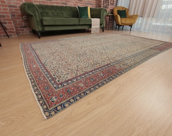 oriental beige red wool rug for living room, 5'10" X 9'6"  dining room carpet  D79N6548