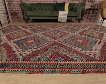 6x11 nomadic Turkish rug, Geometric embroidered Turkish Kilim , 6'3" X 10'6" Boho Jijim Rug , D85N6781