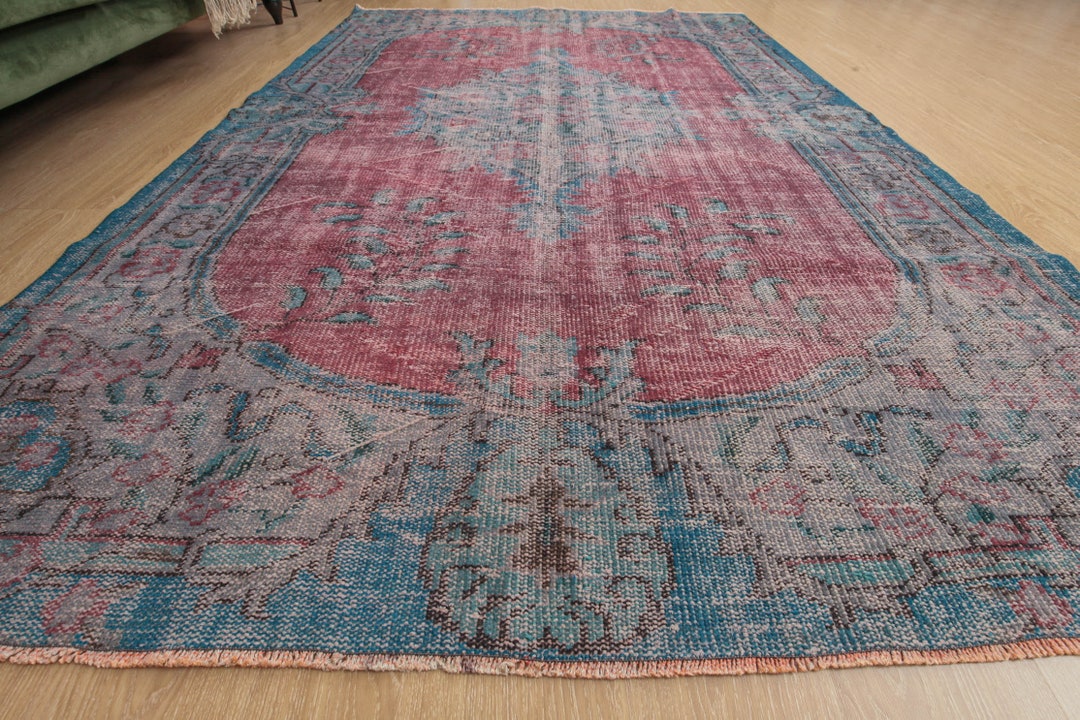 6x8 Oriental Red Blue Dining Room Rug Faded Living Room Rug Etsy