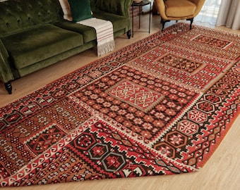 6x13 geometric bedroom rug, red brown kilim, 6&#39;3&quot; X 13&#39;5&quot; woven area rug, D145N9286