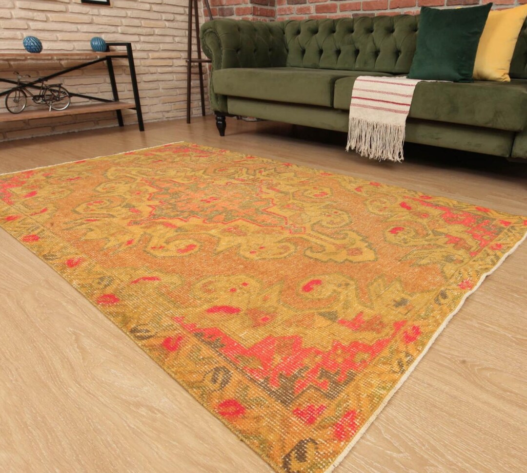 Nomadic Orange Yellow Geometric Turkish Entryway Rug, 4'2