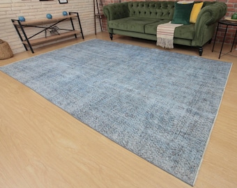 faded pattern blue rug, home decor rug, 70's Dining Room Rug  ,6'7" X 10'3" Boho rug , D52N4137