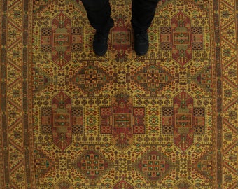 6x9 wool geometric rugs, handmade rug, rug for bedroom  ,6'4" X 9'5" , yellow orange retro rug D68N5406