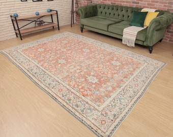 vintage pastel orange beige area rug , 6'3" X 9'6" living room carpet , D77N5005