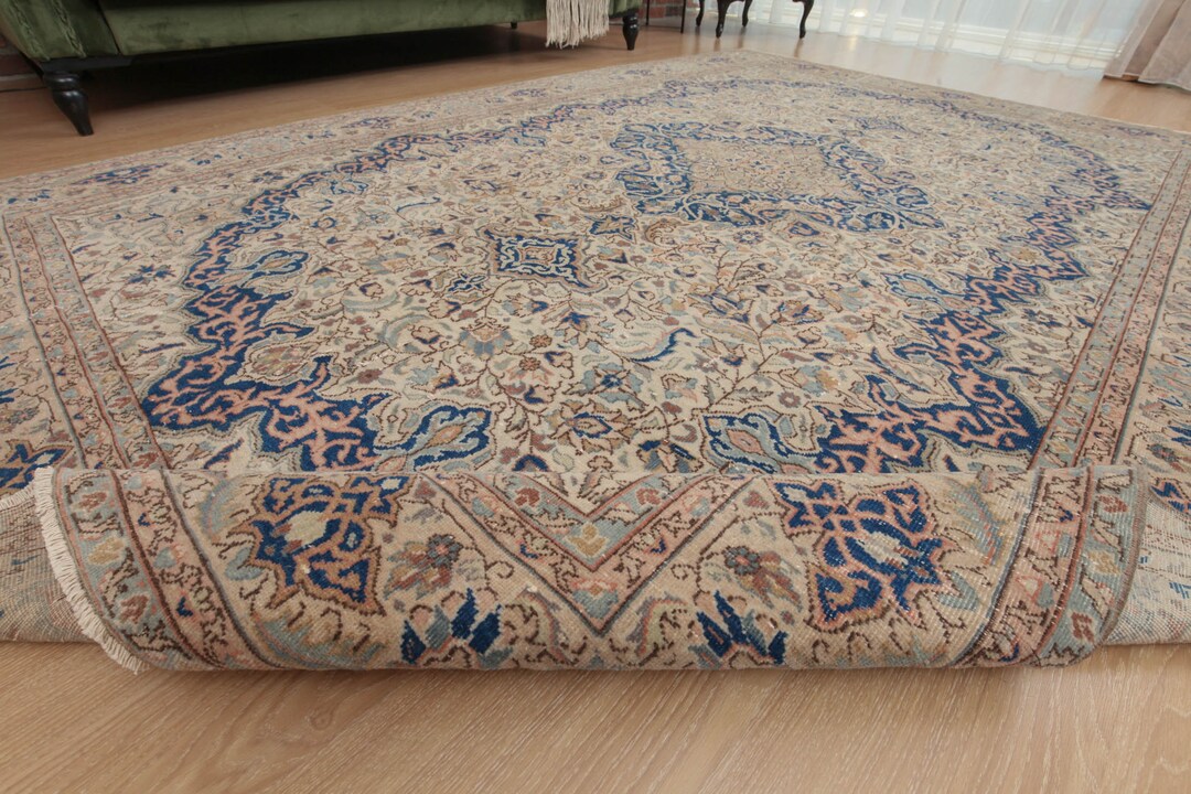 7x10 Living Room Rug, Beige Blue Rug, Wool Rug, 6'10 X 10'1 Vintage