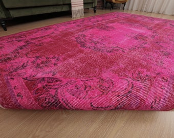 7x11 large pink dining room rug, retro bedroom rug, 6'10" X 11'  living room rug D89N7842