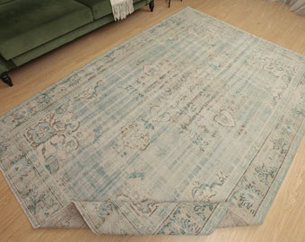 7x10 faded pattern rug,  home decor rug, teal beige rug, 6'8" X 9'11" handmade area rug, D67N5289